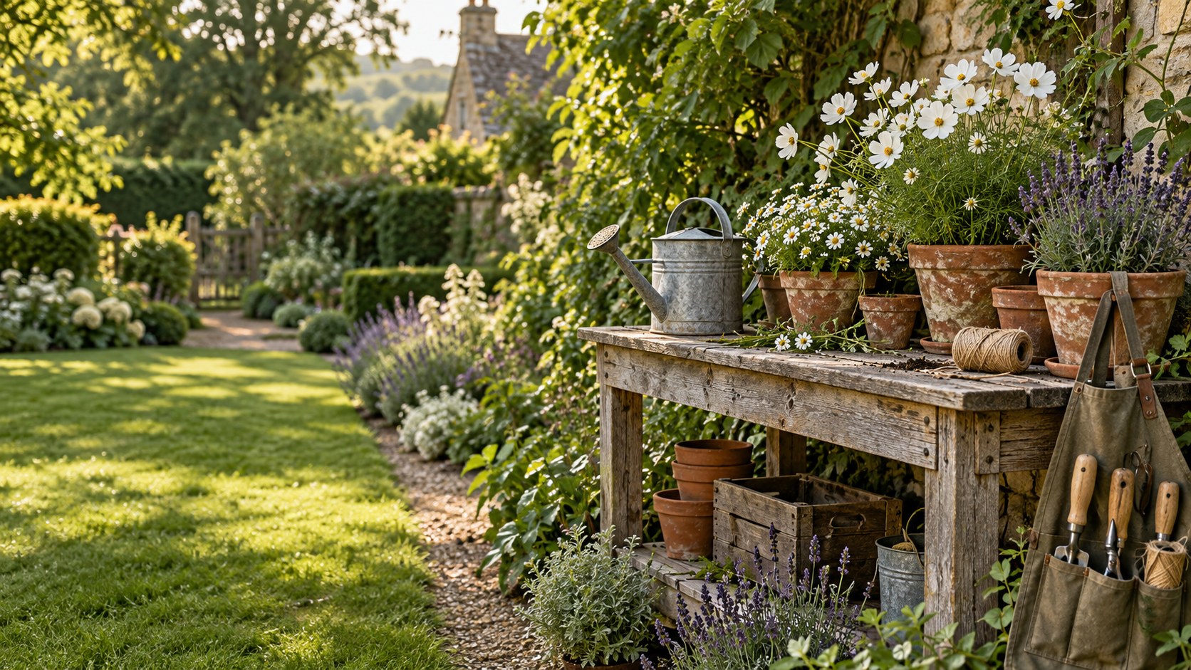 A potting bench in a leafy cottage garden
