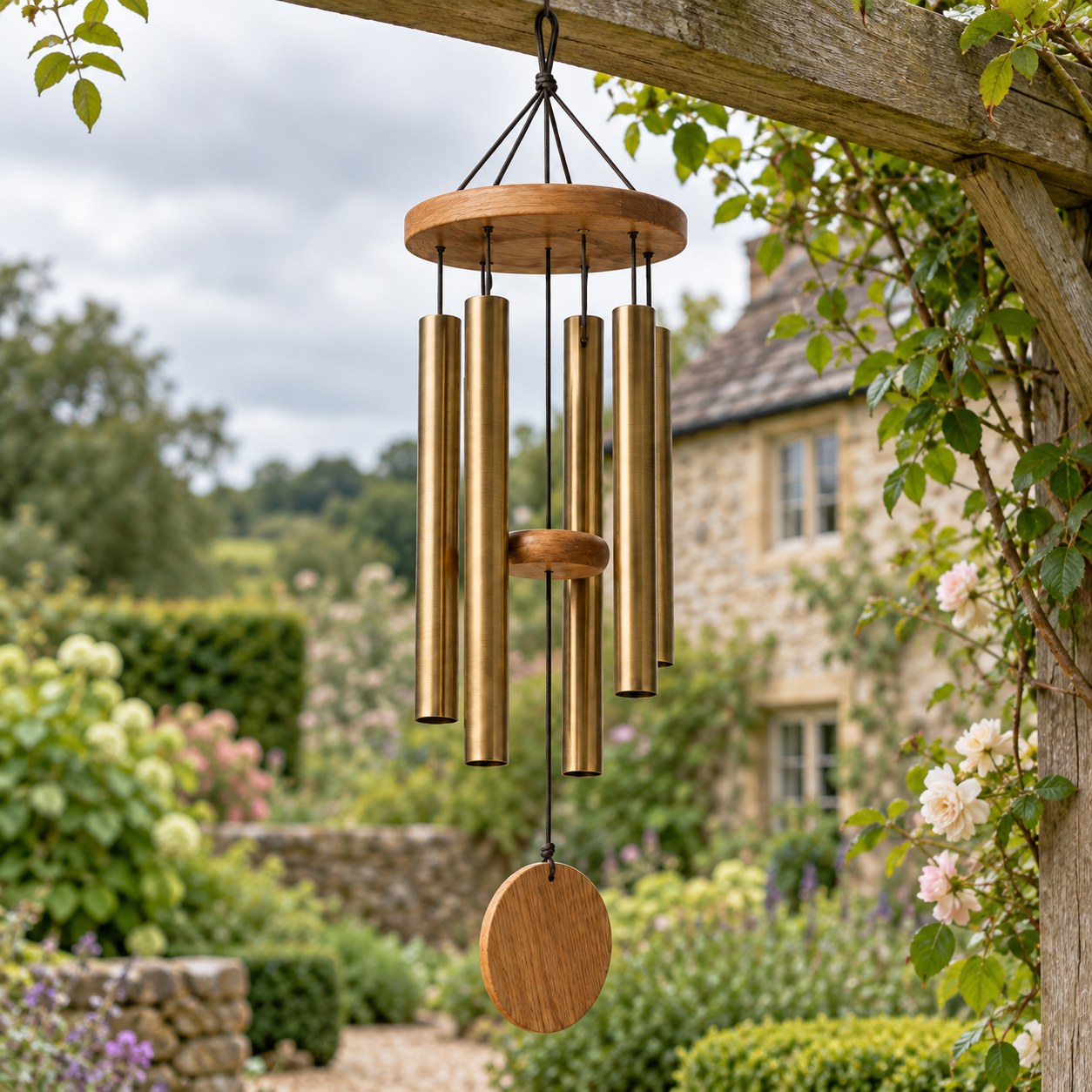 A brass wind chime among garden foliage